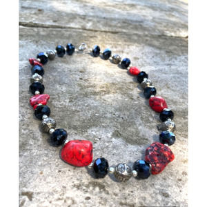 SALE Handmade Black Red Necklace - Howlite & Faceted Beads Statement Necklace